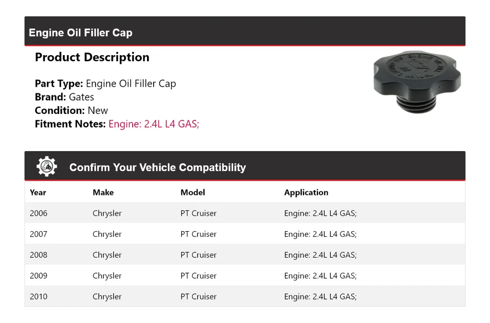 Para Chrysler PT Cruiser 2006-2010 2,4 L L4 motor gas tapa llenado puertas 2007 Foto 2 de 4