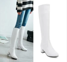 Women's Side Zip Round Toe 5.5cm Block Heels Knee High Thigh Knight Boots Retro 
