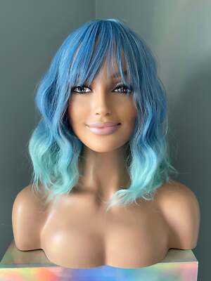 Short Ombre Blue Body Wave Wig with Bangs, 14 Inch Costume