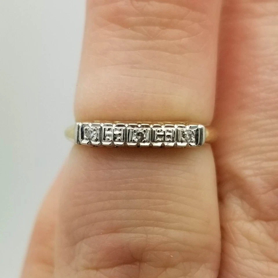 Vintage 14K Two-Tone Gold Diamond Wedding Band-1940s-0.04TCW-Earth Mined - Image 4 of 4