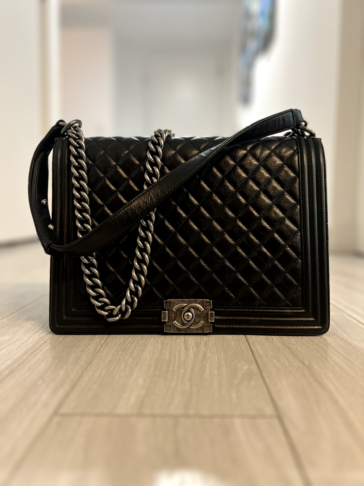 Authentic Large Boy Chanel Handbag Black Calfskin Ruthenium Hardware