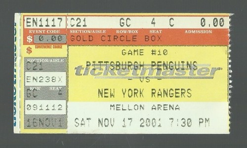 11/17/01 PENGUINS VS RANGERS TICKET STUB VG/EX JAN HRDINA OT WINNING ...