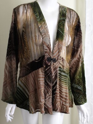 Chico's Sz 2 L Glam Green Brown Copper Velvet Burnout Fly-Away Jacket Topper