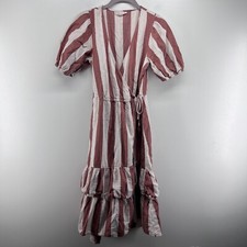Knox Rose Dress Womens XS Red Tan Stripe Cotton Wrap Tiered Maxi Boho Cottage