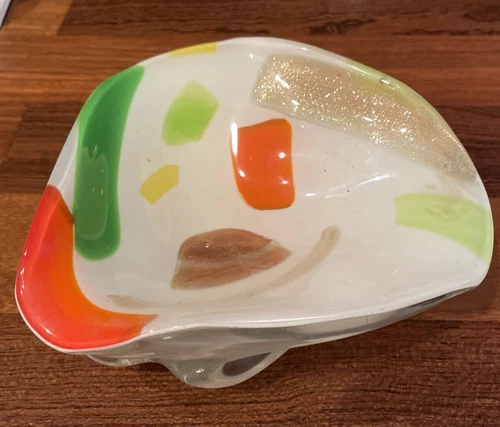 Barovier Toso Vtg Murano Glass Bowl Ashtray Dish Gold Orange White Patchwork