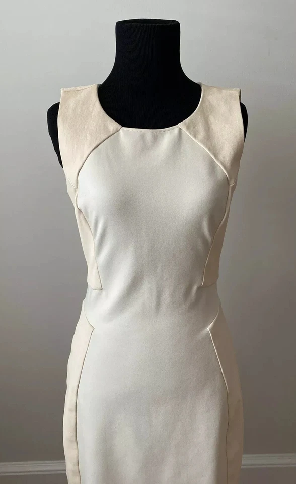 Vestido para mujer Halston Heritage marfil sin mangas con inserciones de cuero talla 4 Foto 4 de 4