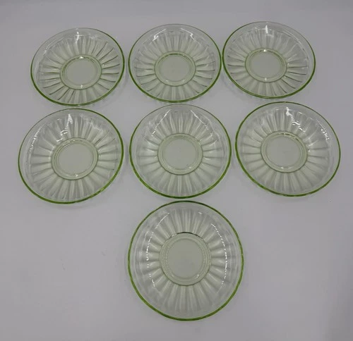 Lot Of 7 Anchor Hocking Green Uranium Vaseline 5 1/2" Saucers