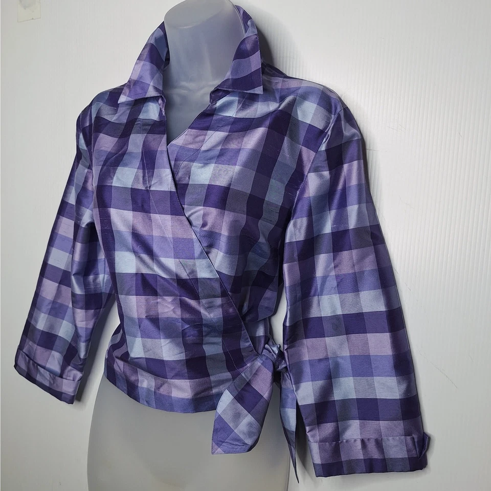 Vintage Y2K Silk Taffeta Wrap Top Plaid Check Retro Cropped 12 Collared Style Co - Image 2 of 4