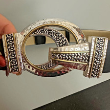 CHICO  S Belt Leather Black Silver hook Buckle Etched statement hammered sz S/M