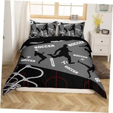 Soccer Duvet Cover for Boys Teens,Grey and Black Bedding Set Twin Soccer 1