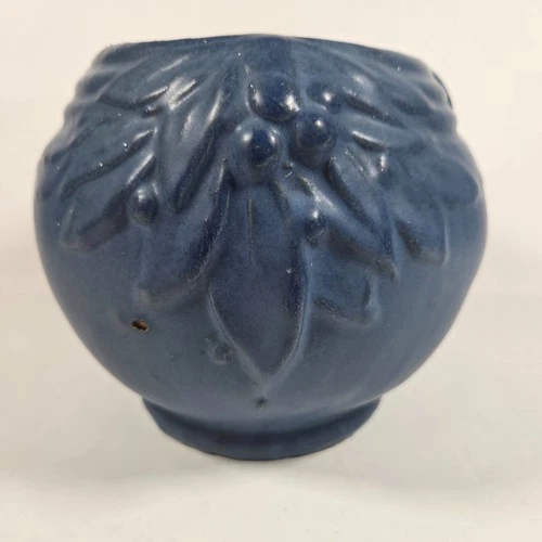 McCoy Vintage Matte Blue Cobalt Pottery Jardiniere Planter Leaf Berry Relief 6in