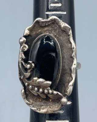 Wunderschöner handgefertigter Sterling schwarzer Onyx Blumen Blatt Design Ring Größe 9 OOAK