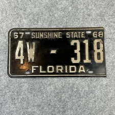 Original Florida FL License Plate 4W4318 1967 1968 67 68 Tag Vintage Cut