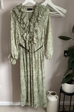 ZARA GREEN FLORAL PRINT RUFFLED V-NECK BELTED CHIFFON DRESS WITH TASSELS SIZE S