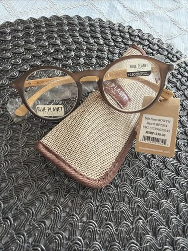 Blue Planet Rowyn +2.50 Reading Glasses Brown Wooden Temples Flex NWT