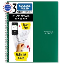 Five Star Spiral Notebook + Study App 3 Subject College Ruled Paper Fights Ink