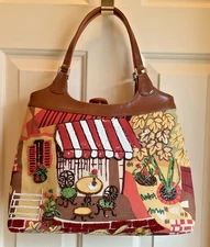 VTG ISABELLA FIORE HANDBAG FIRM CANVAS LEATHER HANDLES CAFE SCENE BEADS SEQUIN