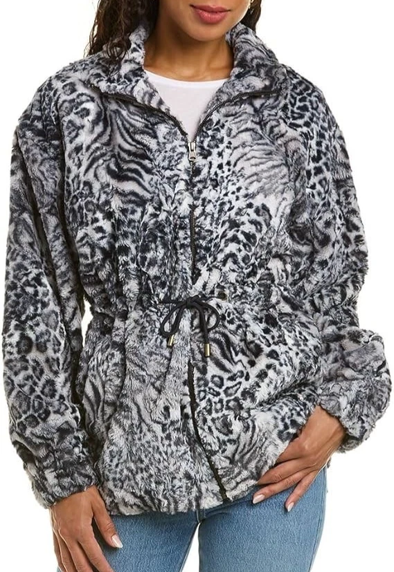 $445 JOHNNY WAS Tamanho G JAQUETA COM CORDÃO DE PELE SINTÉTICA FUMÊ LEOPARDO FORRO DE SEDA - Imagem 2 de 4