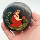 Vintage Japanese Black Lacquer Round Trinket Jewelry Box Lady & Flower Scene — photo 5