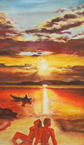 1997 Seascape Oil painting sunset nude couple signed - Picture 3 of 11