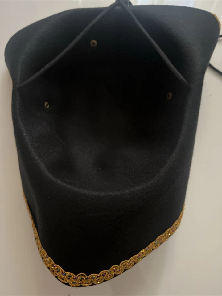 Sombrero pirata colonial tricornio negro para hombre adulto adorno dorado accesorio de disfraz de 3 lados. Foto 3 de 4