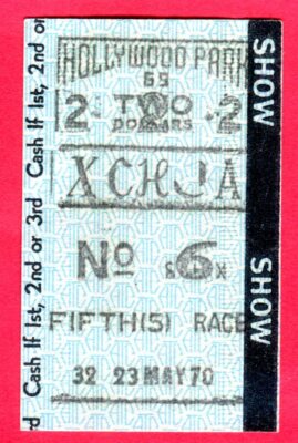 VINTAGE 1970 HORSE RACING/HOLLYWOOD PARK $2 BETTING SLIP/TICKET