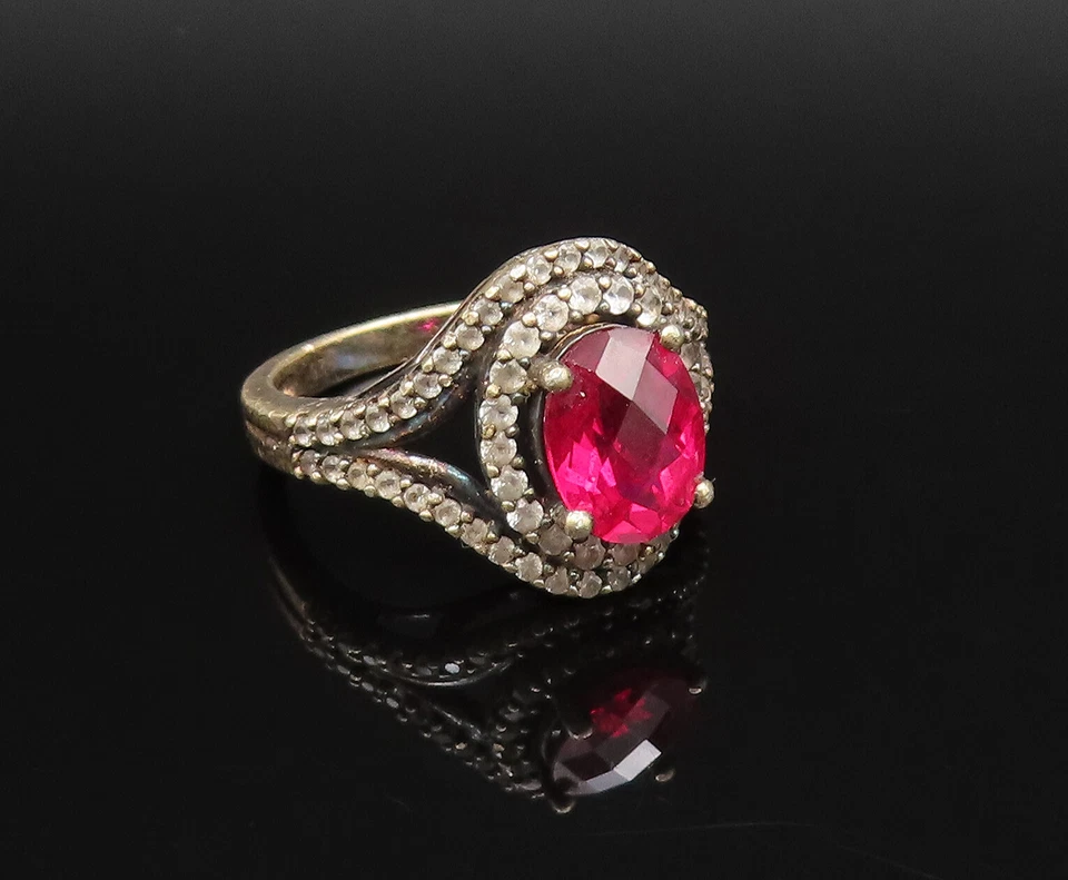 925 Sterling Silver  Vintage Fancy Red & White Topaz Halo Ring Sz 6  RG25891 - Image 2 of 4