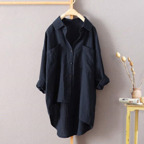 Women Lapel Collar Cotton Linen Shirt Dress Casual Loose Long Sleeve Button Tops - Picture 28 of 28
