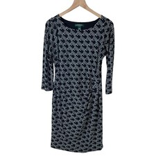 Lauren Ralph Lauren 10 Black White Geometric 3/4 Sleeve Jersey Stretch Dress