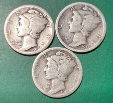 1916-P, 1917-S, AND 1918-D SEMI KEY EARLY DATE MERCURY DIMES, SEE PHOTOS