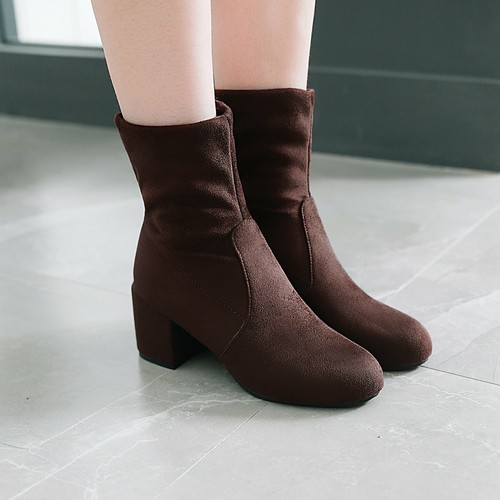 Women's Mid Block Heel Shoes Black/Blue/Brown Suede Fabric Round Toe Ankle Boots - Picture 30 of 31