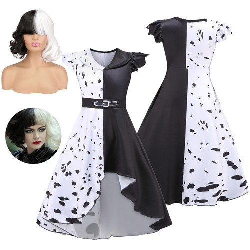 Girls Party Fancy Dress Cruella Princess Cosplay Costume Kids Dress Up Halloween - Picture 3 of 23