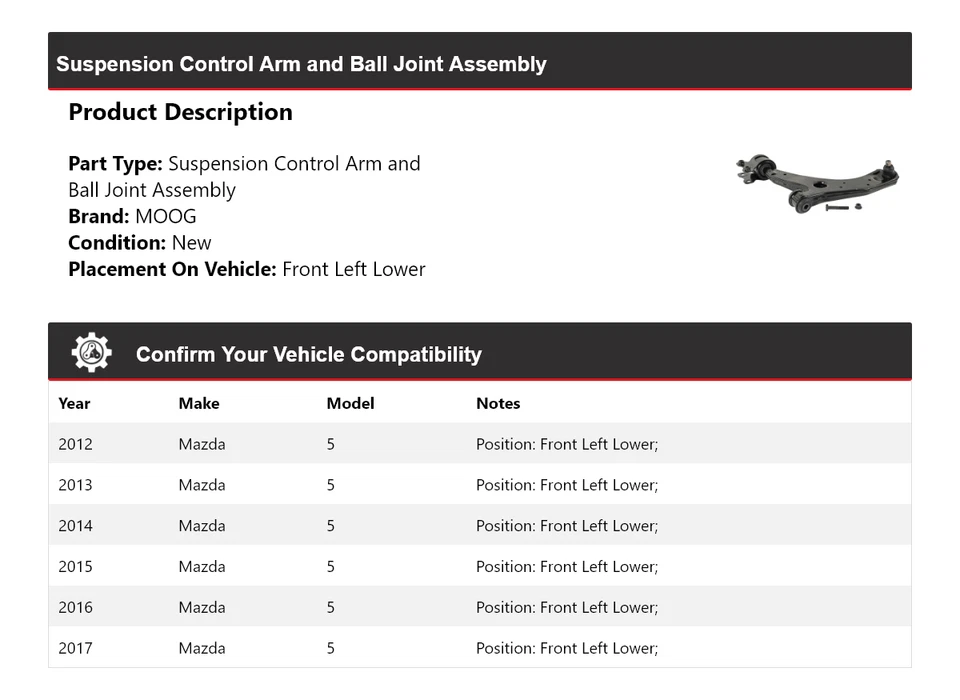 Conjunto de rótula de brazo de control delantero izquierdo inferior MOOG 20 para Mazda 5 2012-2017 Foto 2 de 4