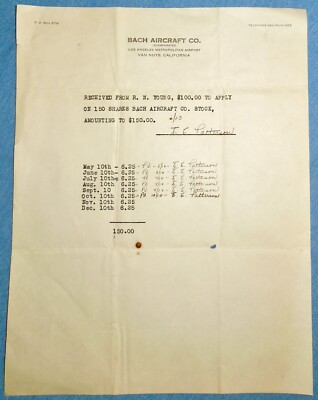 Vintage 1920's Bach Aircraft Co. of Van Nuys, CA, Stock Shares Transaction Sheet