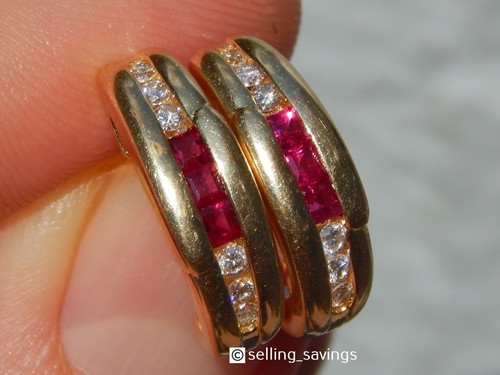 14K SOLID YELLOW GOLD 1.08 TCW RUBY & DIAMOND 7/10th INCH TALL HUGGIE EARRINGS - Picture 5 of 21