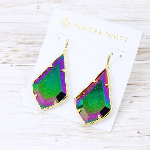 NWOT Kendra Scott Large Alex Faceted Iridescent Blue Goldston Earring Gold - Picture 2 of 3