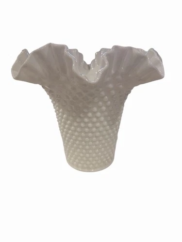Unmarked Vintage Fenton Hobnail Milk Glass 6” Vase with Crimped Ruffled Edge