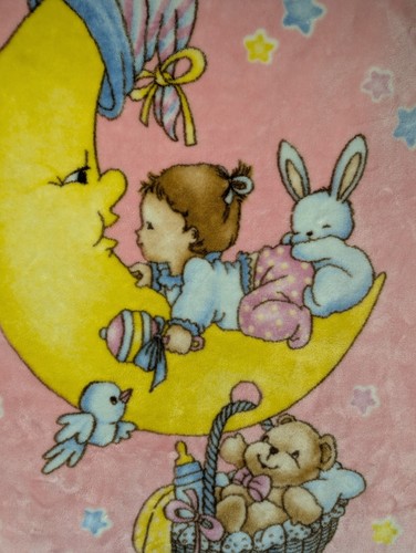 Vintage Babydecke kleines Mädchen Mond Hase Bär Korb Minky - Bild 1 von 4