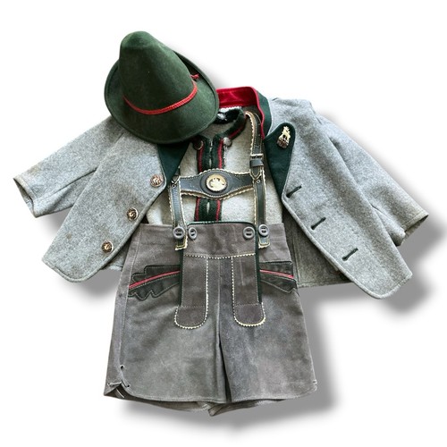 Gray Suede Lederhosen For Boy Toddlers 12-24 Mo. w/ Gray Sweater Green Hat