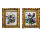 Vtg Original Oil Paintings Violets Pansies Set Of 2 Gold Ornate Frames Signed