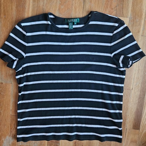 Camiseta Ralph Lauren Cuello Redondo Negra Rayas Top Clásica Algodón atemporal Talla M - Imagen 8 de 14