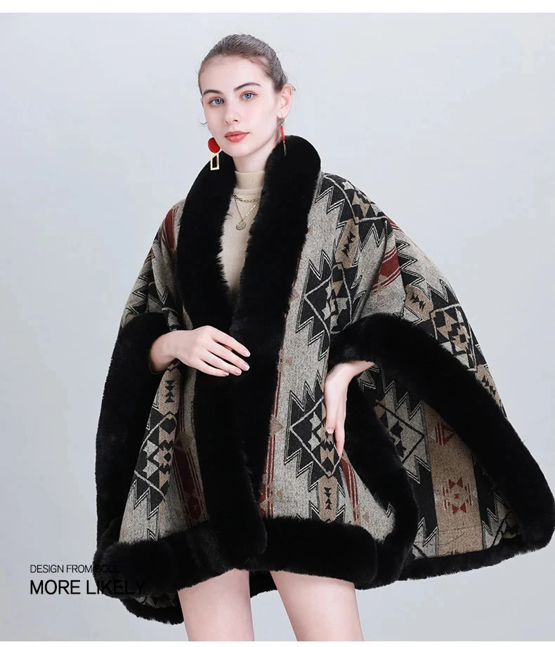 Knit Jacquard Faux Fur Cape Overcoat Autumn Winter Women Cardigan Cape Coat - Image 2 of 4