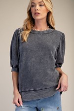 Easel Women's Mineral Washed Bubble Sleeve Knit Top in Ash Black