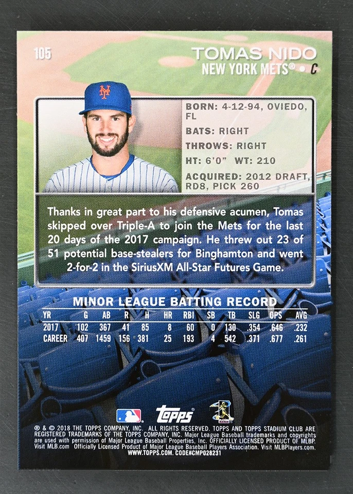 2018 Stadium Club #105 Tomas Nido Rookie New York Mets - Image 2 of 2