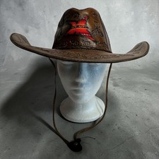 Western Cowboy Hat Brown Tooled Faux Leather Tribal Design Chin Strap
