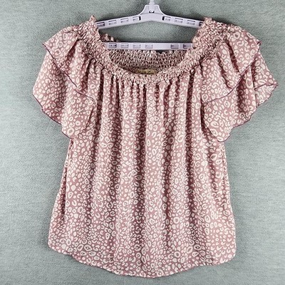 Vine & Love Blouse Womens M Pink Animal Print Off Shoulder Flutter Sleeve Top