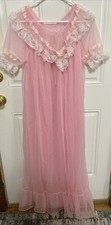 VINTAGE PEIGNOIR Set Med. 32 Pink Lace Trim Read USA Nylon Gown Floor Length
