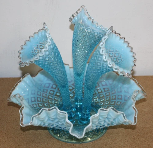 Fenton Blue Hobnail Opalescent Dot Diamond Lace 3 Horn Art Glass Epergne 10" EX