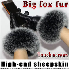 Women Genuine Lambskin Leather Gloves With Real Fox Fur Trim Cuff Winter Warm