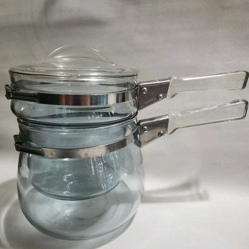 Vintage Pyrex Flameware Glass Pot Cookware Double Boiler Complete Set 6762